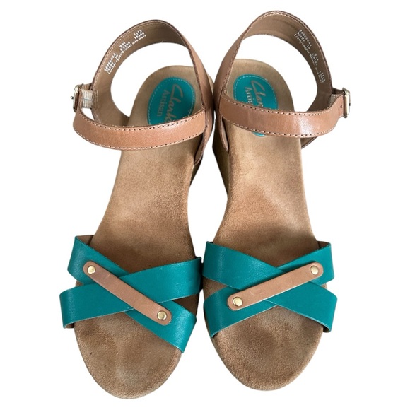 Clarks Shoes - Clarks Artisan boho Teal Blue Leather Strappy Wedge Sandals 9M EUC